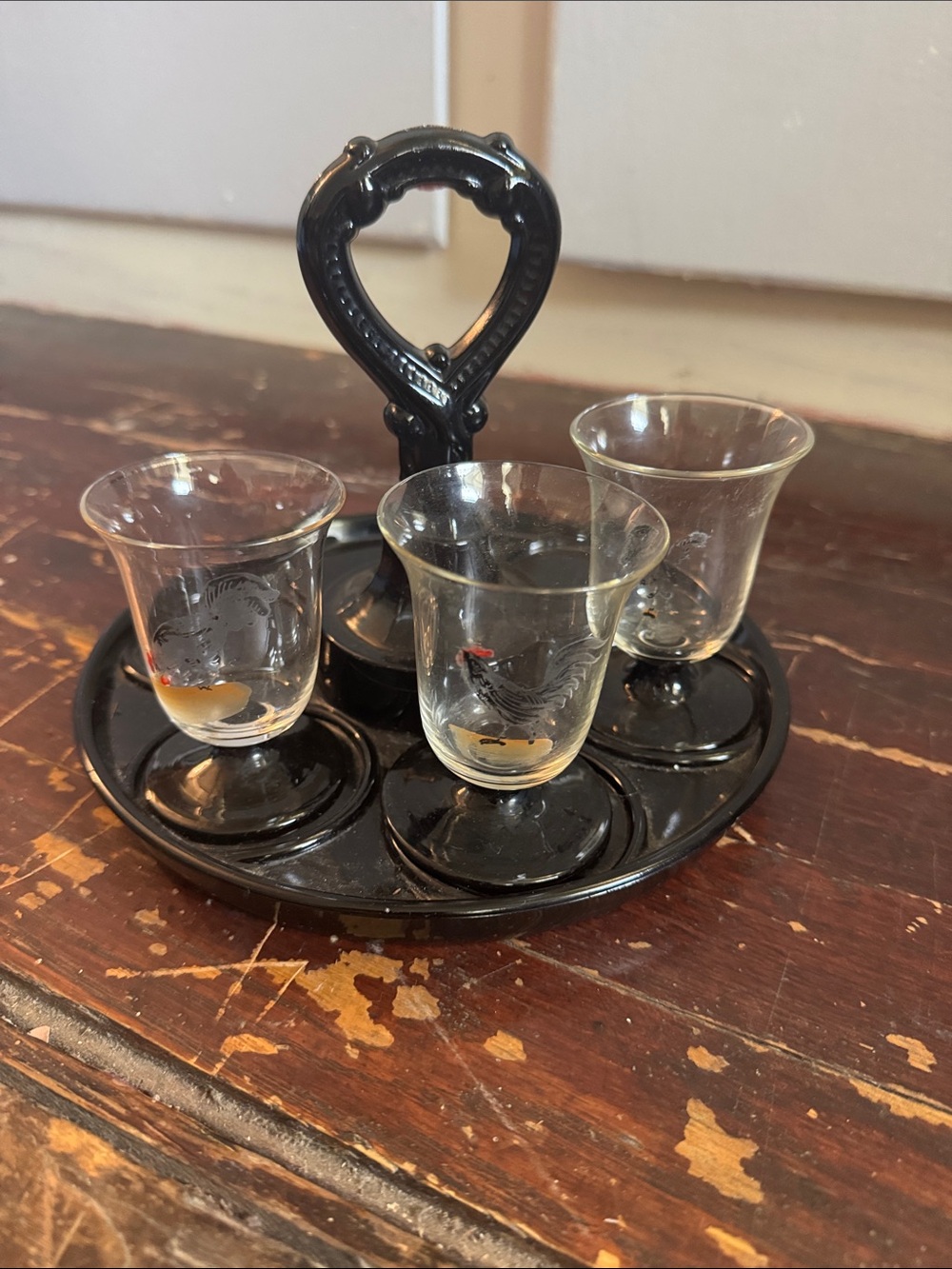 Black Glass Egg Cup and Shot Glass Holder with Clear Etched Cups